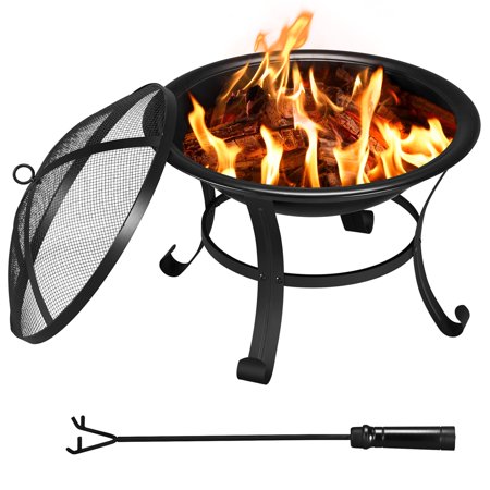 Topeakmart 22in Fire Pit Round Steel Fire Bowl Fire Pit with Mesh Screen Cover Fire Poker Log Grate for Patio BBQ Camping Bonfire