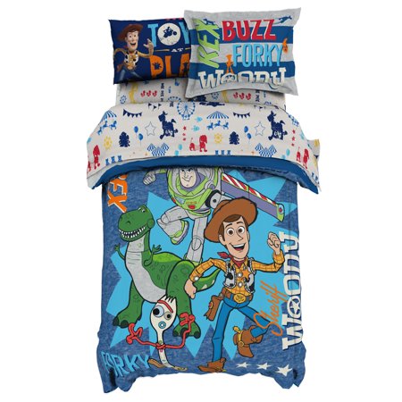 Toy Story Woody, Buzz, Forky and Rex Kids 2-Piece Twin/Full Comforter and Sham Bedding Set, 100% Polyester, Blue, Disney