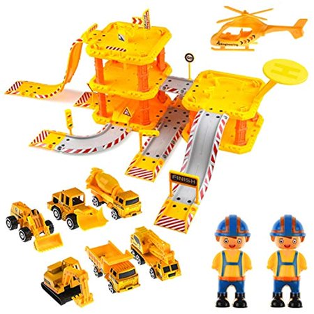 Toysical Construction Toys for Boys Matchbox Cars Playsets with Garage Track 6 Construction Trucks Vehicles 2 Little Construction Workers 1 Helicopter Best Gift for Boys 3 4 5 Year Old Kids