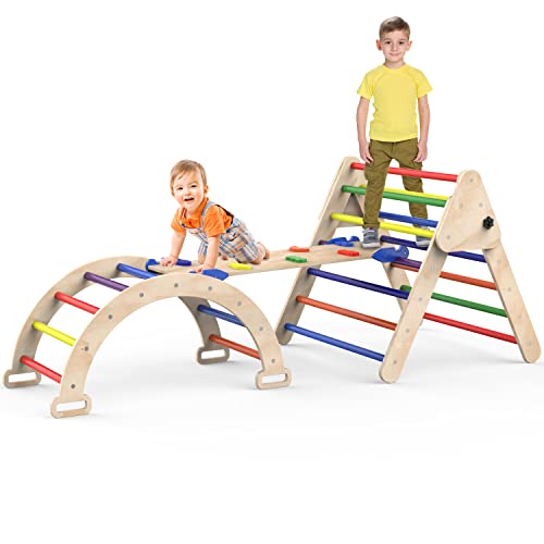 Triangle Climbing Toys, Foldable Climbing Triangle Ladder Toys with Ramp for Sliding or Climbing, Set of 3 Wooden Safety Sturdy Kids Play Gym, Indoor Outdoor Playground Climbing Toys for Toddlers