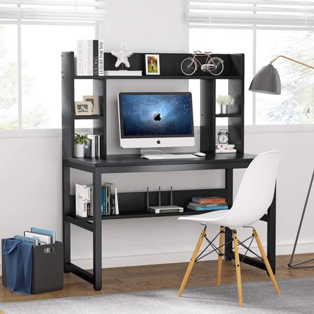 TribeSigns 47" Computer Desk with Hutch, Modern Writing Study Table Wood Corner Workstation Gaming Desk with 3-Tier Bookshelf for Small Space Home Office