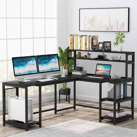 Tribesigns Large L-Shaped Computer Desk with Hutch and Bookshelf, Industrial Corner Desk with Storage Shelves and CPU Stand, Study Writing Gaming Table Workstation for Home Office