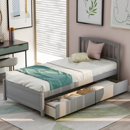 Twin Platform Bed Frame with Storage, Wood Twin Platform Bed Frame for Kids, Platform Bed with 2 Drawers & Headboard, Modern Twin Size Bed with Slats Support, Small Room Furniture