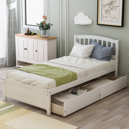 Twin Platform Storage Bed and Headboard for Kids Boys Girls, White Solid Wood Twin Bed Frame with 2 Drawers, Easy Assembly
