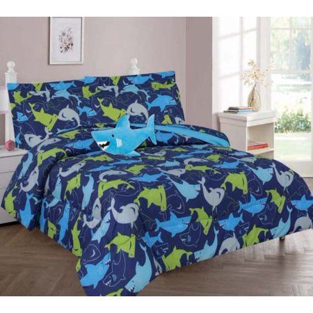 TWIN SHARK BLUE BOYS BEDDING SET, Beautiful Microfiber Comforter With Furry Friend and Sheet Set (6 Piece Kids Bed In A Bag)