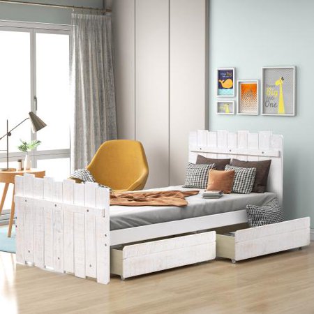 Twin Size Platform Bed with Storage, Solid Wood Storage Bed Frame with 2 Drawers for Boys Girls Bedroom, Vintage Fence-shaped Headboard and Footboard, Rustic Style, White