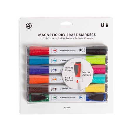 U Brands Magnetic Double-Ended Dry Erase Markers, Bullet Tip, Assorted, Low Odor, 6 Count, 507U