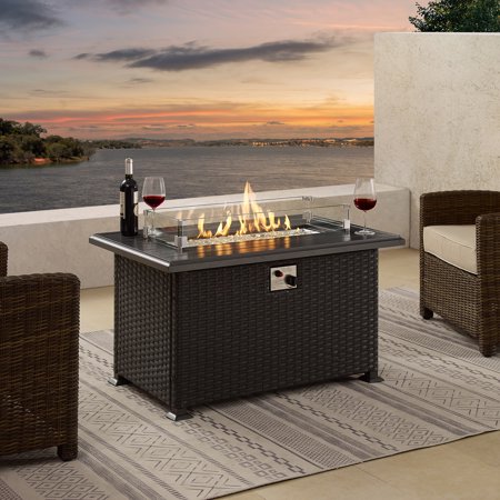 Ulax Furniture 24.5”H x 43.3”W Outdoor Aluminum Fire Pit Table with Lid, Patio 50,000 BTU Auto-Ignition Propane Gas Fire Pit with Glass Wind Guard, Clear Glass Rock and Cover