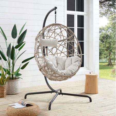 Ulax furniture Indoor Outdoor Wicker Hanging Basket Swing Chair Tear Drop Egg Chair with Cushion and Stand (Beige-Upgrade )