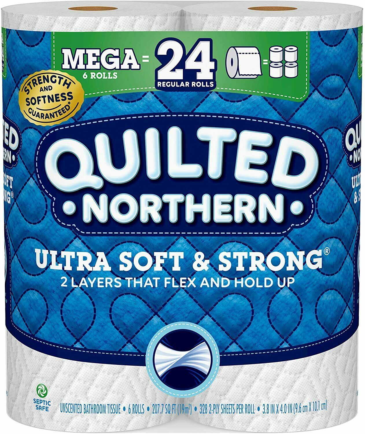 Ultra Soft Toilet Paper Tissue Quilted Northern 6 Mega Rolls = 24 Regular Rolls