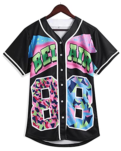 Unisex 90s Theme Party Hip Hop Bel Air #23#24#30 Baseball Jersey Hip Hop Clothing for Women for Birthday Party 88Black Size-XL