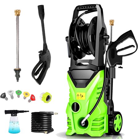 Upgrade 1050 PSI Professional Electric Pressure Washer 1.34GPM, 1500W Rolling Wheels High Pressure Washer Cleaner Machine with Power Hose Nozzle Gun and 5 Quick-Connect spray tips HITC