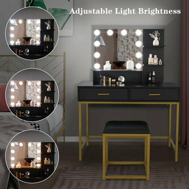 Vanity Makeup Table Set with 10LED Lighted Mirror Bedroom Dressing Table Black