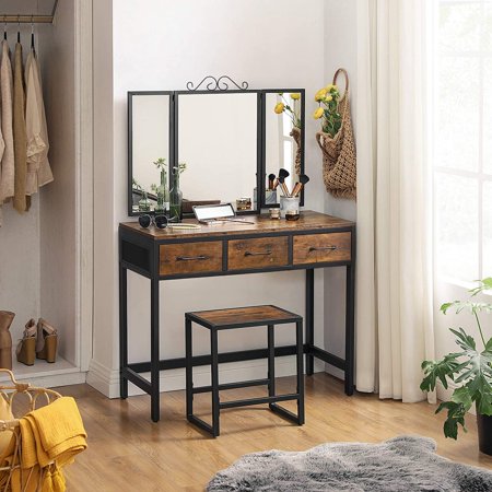 Vasagle Vanity Table Set, Writing Desk, Makeup Table with Stool, 3 Drawers, Rustic Brown and Black