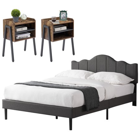 VECELO 3-piece Bedroom Set, Full Size Upholstered Platform Bed Frame, Set of 2 Stackable Nightstands End Table