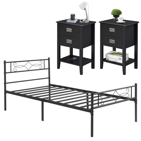 VECELO 3 Piece Bedroom Set, Metal Platform Bed Frame and Nightstands(Set of 3)