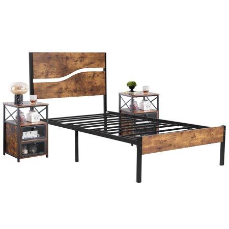 VECELO 3-piece Bedroom Set, Metal/Wood Platform Bed and Set of 2 Nightstands, Two Drawers with Flap Doors, Twin Size