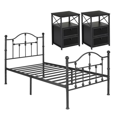 VECELO 3-Piece Bedroom Sets, Twin Size Metal Bed Frame and 2 Black Nightstands