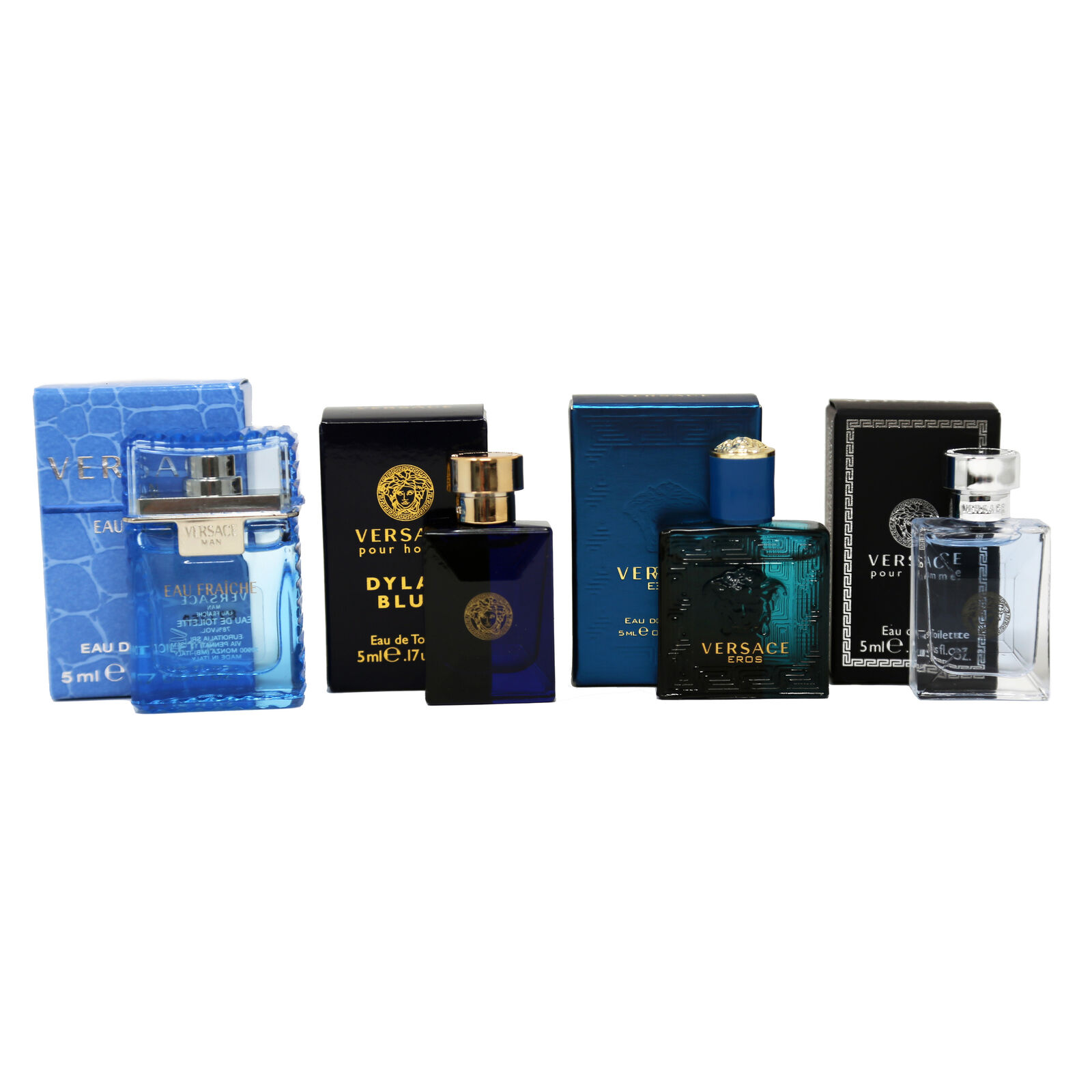 Versace 4pc Miniature Gift Set for Men Eau Fraiche, Dylan Blue, Eros, Pour Homme