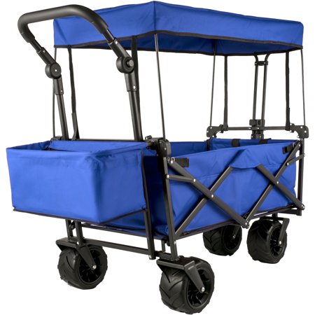 VEVOR Collapsible Wagon Cart Blue, Foldable Wagon Cart Removable Canopy 600D Oxford Cloth, Collapsible Wagon Oversized Wheels, Portable Folding Wagon Adjustable Handles, Beach, Garden, Sports