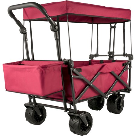 VEVOR Collapsible Wagon Cart Red, Foldable Wagon Cart Removable Canopy 601D Oxford Cloth, Collapsible Wagon Oversized Wheels, Portable Folding Wagon Adjustable Handles, Beach, Garden, Sports