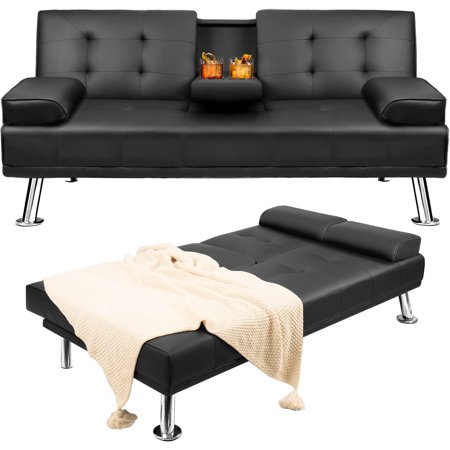 Vineego Modern Faux Leather Couch Convertible Folding Futon Sofa Bed with 2 Cup Holders, Black