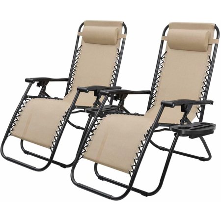 VINEEGO Zero Gravity Chair Set of 2 Patio Adjustable Folding Lounge Chairs with Pillows Cup Holders Recliners for Poolside Backyard Beach （Beige)