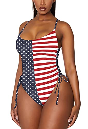 Viottiset Women's One Piece Swimsuit Drawstring Tummy Control High Cut Bathing Suit American Flag Small