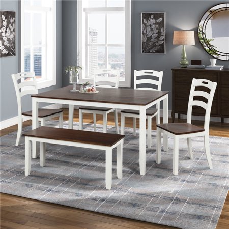 Visentor 6 Piece Dining Table Set, Wood Dining Table and 4 Chairs with 1 Bench, Modern Style Kitchen Dinette Set, Family Furniture for 6 Persons, White