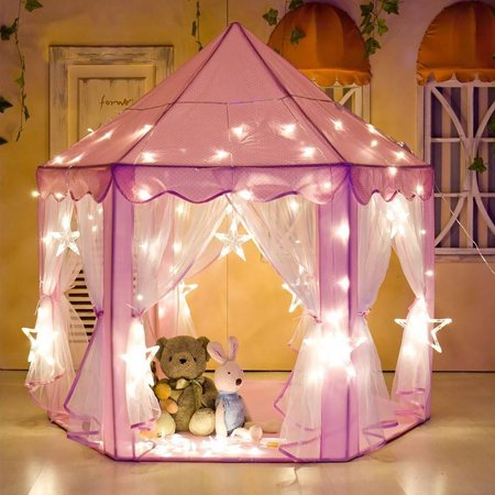 WALFRONT Kids Play Tent Princess Castle Playhouse Toy Little Girls Outdoor and Indoor Pink Game House Play Tent with Star Lights (55"x53"/DxH)