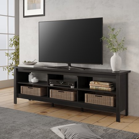 Wampat Farmhouse TV Stands for 75 inches Flat Screen Wood Media Console Storage Cabinet Entertainment Center, 70 inches, Black