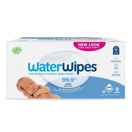 WaterWipes Biodegradable Baby Wipes, Unscented & Hypoallergenic for Sensitive Skin, 9 Packs (540 Total Wipes)