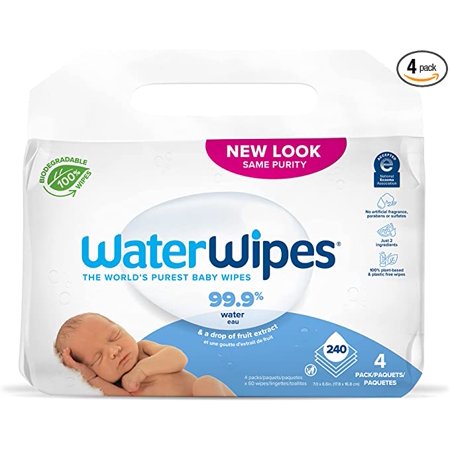 WaterWipes Biodegradable Original Baby Wipes, 99.9% Water Based Wipes, Unscented & Hypoallergenic for Sensitive Skin, 240 Count (4 packs), Packaging May Vary
