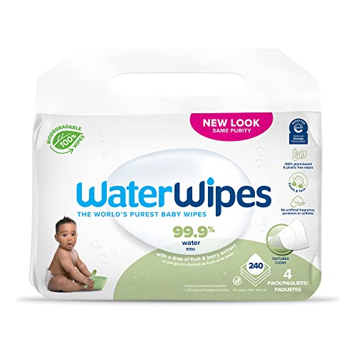 WaterWipes Biodegradable Textured Clean, Toddler & Baby Wipes, 99.9% Water Based Wipes, Unscented & Hypoallergenic for Sensitive Skin, 240 Count (4 packs), Packaging May Vary
