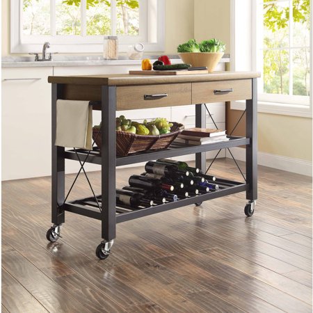 Whalen Santa Fe Kitchen Cart with Metal Shelves and TV Stand Feature