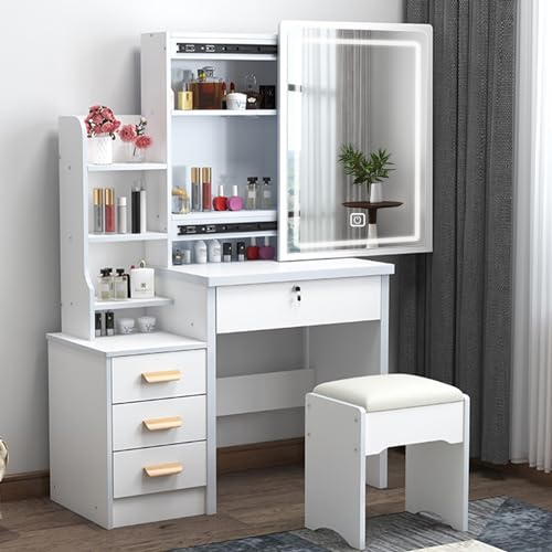 AMAZON Glitches and Price Mistakes Mongmon Vanity Desk With Mirror And Lights, 3 Lighting Modes, European Style Dressing Table With Drawers, With Open Storage Shelves,Makeup Vanity Table For Bedroom,Gifts For Girls And Women, White