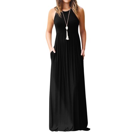 Women Round Neck Sleeveless Pure Color Long Dress with Pocket