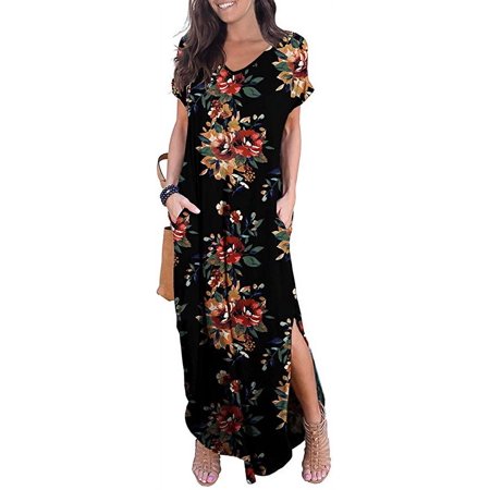 Women Stylish Long Dress Loose Pocket Short Sleeve Split Maxi Dress