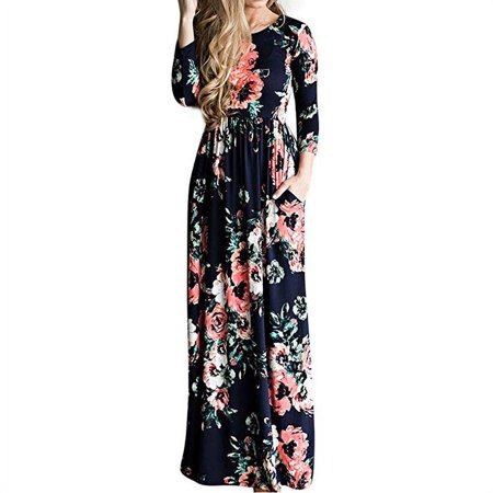 Women's 3/4 Sleeve Floral Dress Casual Stretch Maxi Long Dresses