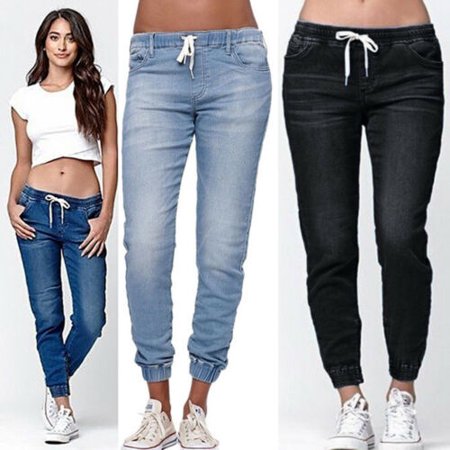 Womens Elastic Waist Pencil Stretch Denim Skinny Drawstring Jeans Pants Trousers