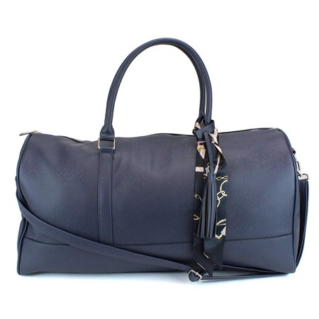 Women's Large Leather Weekender Duffel Bag with Satin Interior - Big 22" Carry-On Size - Dark Blue