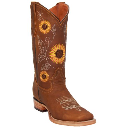 Women’s Square Toe Sunflower Embroidered Cowgirl Cowboy Leather Boots