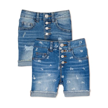Wonder Nation Girls Mid-Rise Roll Cuff Denim Midi Shorts with Exposed Buttons, 2-Pack, Sizes 5-18 & Plus