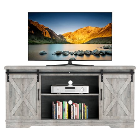 Wood Farmhouse Sliding Barn Door TV Stand for 65" TV, Wooden Media Center Console Table TV Cabinet