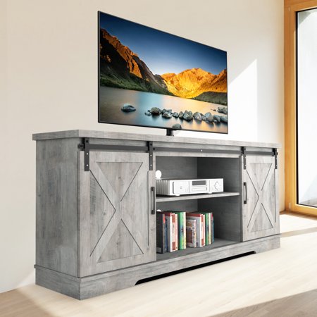 Wood Farmhouse Sliding X Barn Door TV Stand up to 65" TV, Storage Bench Media Center TV Cabinet with Removable Shelf, Gray