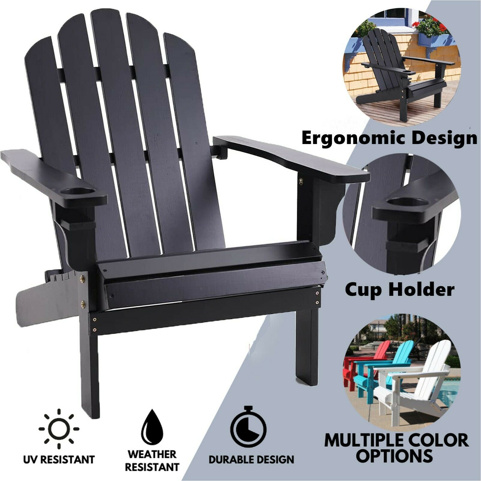 Wood Patio Chair Outdoor Weather Resistant Wooden Adirondack Chairs W/Cup Holder