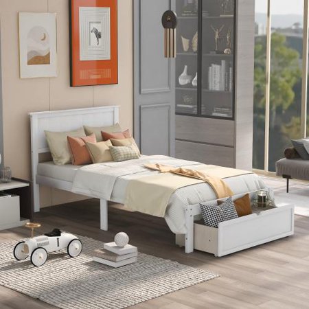 Wood Platform Bed with 2 Drawers Twin Storage Bed with Storage and Headboard Wood Slat Support No Box Spring Needed (White)