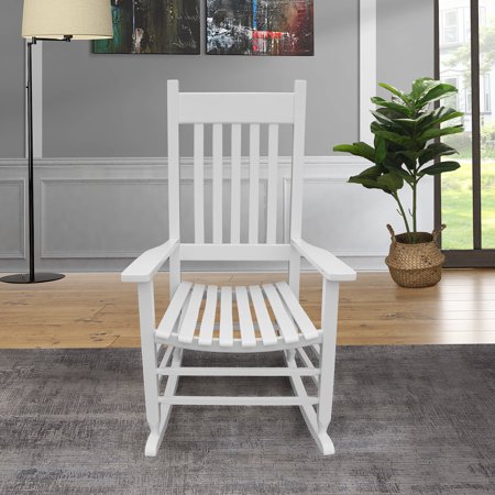 Wooden Indoor/Outdoor High Back Slat Rocking Chair Reclining Seat - White