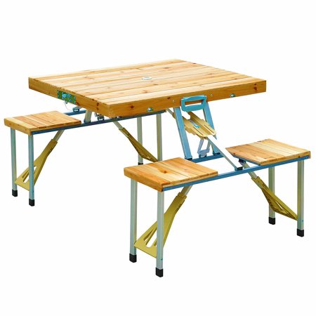 Wooden Outdoor Table, Folding Picnic Camp Table With 4 Chair Seats & Umbrella Hole Garden Patio Yard Travel