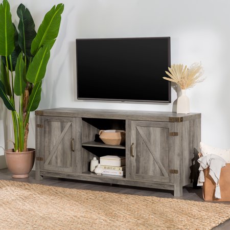 Woven Paths Modern Farmhouse Barn Door TV Stand for TVs up to 65", Grey Wash